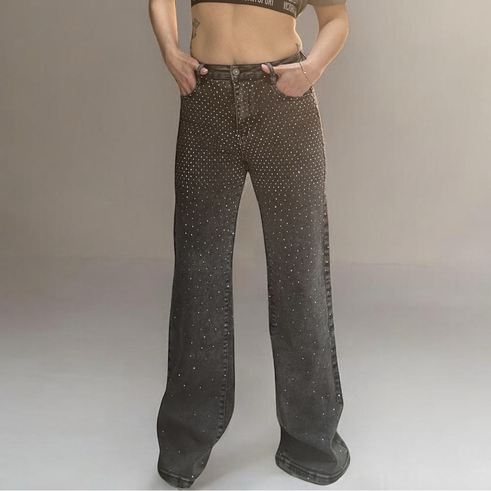 NINA ROSSI ✨ Sparkle 💖 Embellished Studded washed Gray Straight Leg Jeans SMALL
